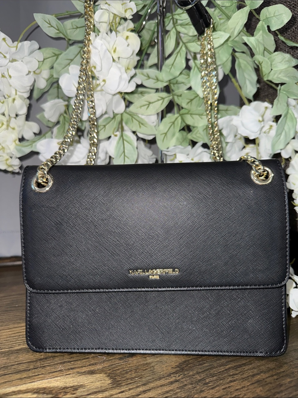 Karl Lagerfeld Black Leather Shoulder Bag with Gold Chain